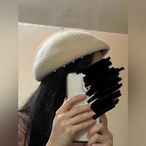 Elegant Cream Wool Beret with Netting & Pearls